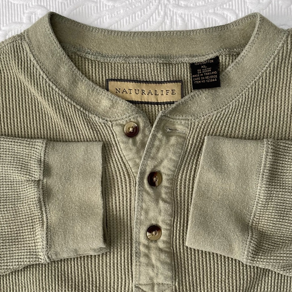 Naturalife Men’s Vintage 90s Henley Khaki Olive Waffle Thermal Cotton Shirt XL - Picture 4 of 6